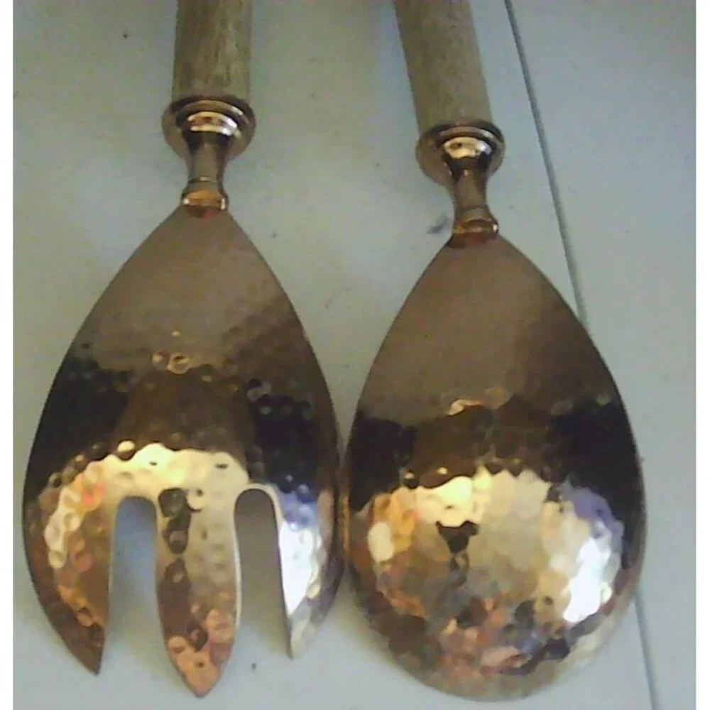 Vtg Salad Server Set Hammered Plated Copper, Wood Handles MCM 13.25
